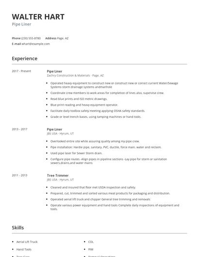 Pipe Liner Resume
