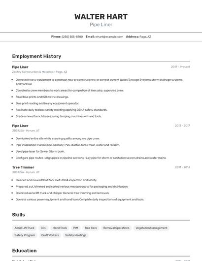Pipe Liner Resume