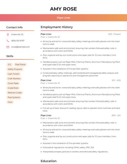 Pipe Liner Resume