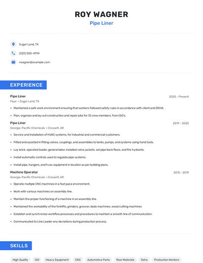 Pipe Liner Resume