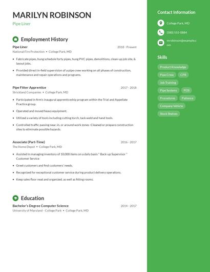 Pipe Liner Resume