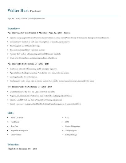 Pipe Liner Resume