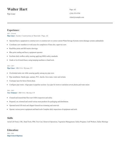 Pipe Liner Resume