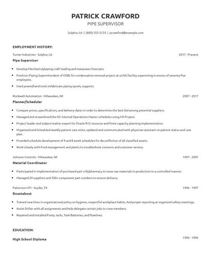 Pipe Supervisor Resume