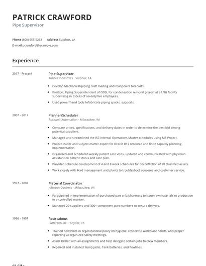 Pipe Supervisor Resume