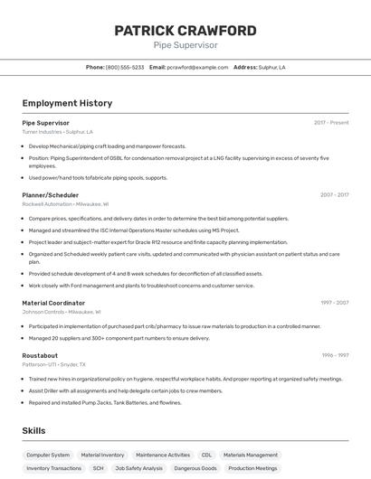 Pipe Supervisor Resume