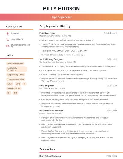Pipe Supervisor Resume