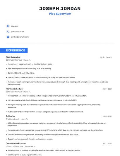 Pipe Supervisor Resume