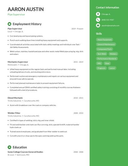 Pipe Supervisor Resume
