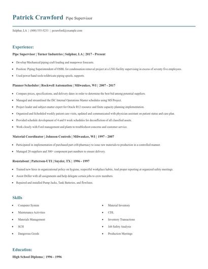 Pipe Supervisor Resume