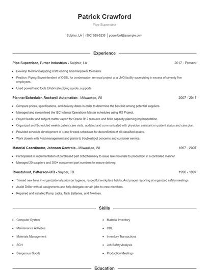 Pipe Supervisor Resume
