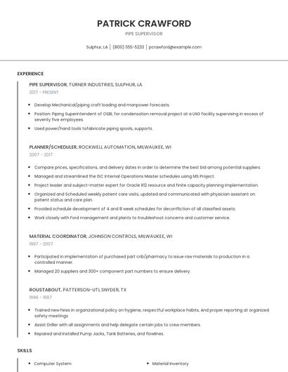 Pipe Supervisor Resume