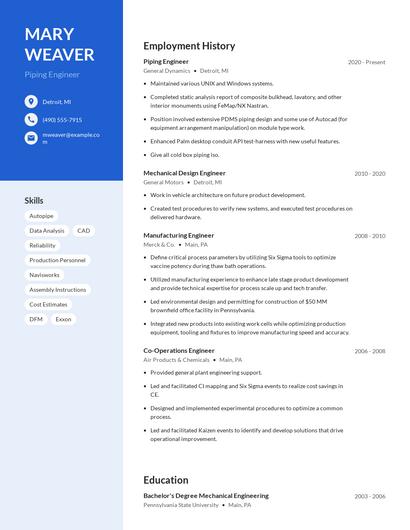 Piping Engineer Resume