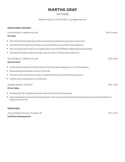 Pit Hand Resume