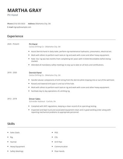 Pit Hand Resume
