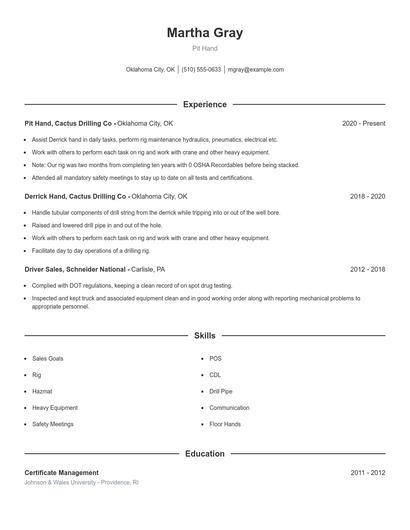 Pit Hand Resume