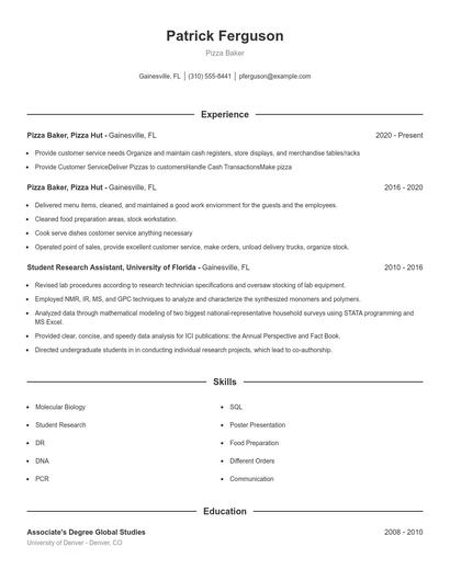 Pizza Baker Resume