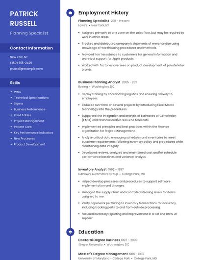 Planning Specialist Resume
