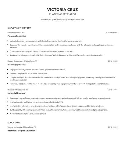 Planning Specialist Resume