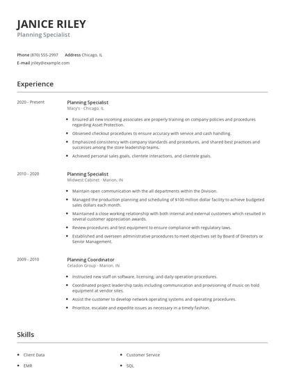 Planning Specialist Resume