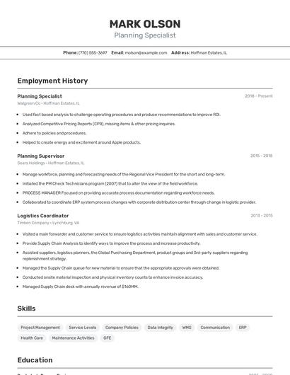 Planning Specialist Resume