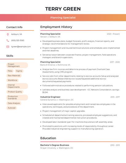 Planning Specialist Resume