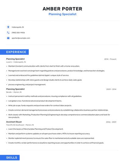 Planning Specialist Resume