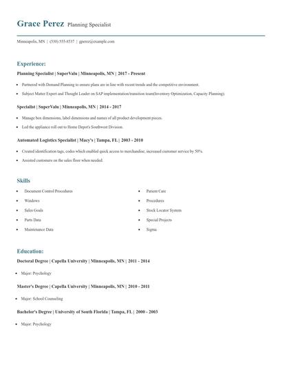 Planning Specialist Resume