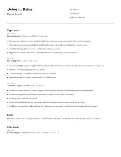 Planning Specialist Resume