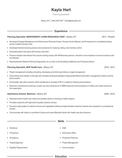 Planning Specialist Resume