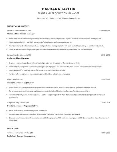 Plant And Production Manager Resume