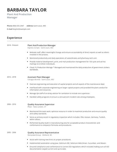 Plant And Production Manager Resume