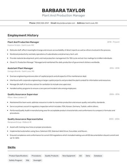 Plant And Production Manager Resume