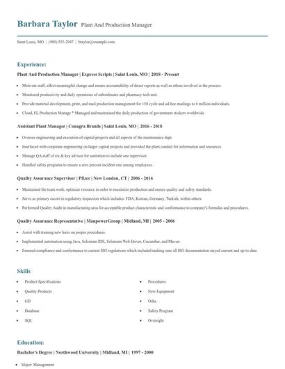 Plant And Production Manager Resume