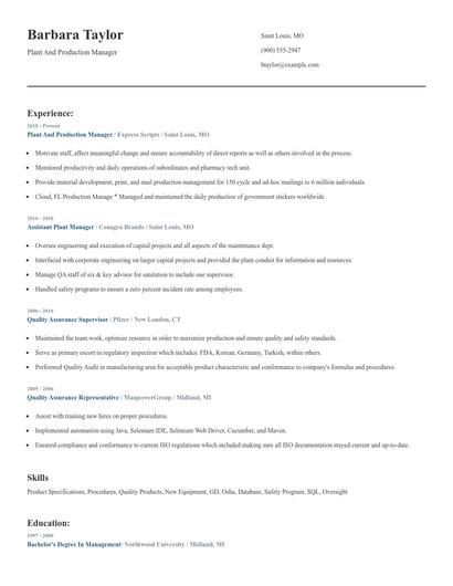 Plant And Production Manager Resume