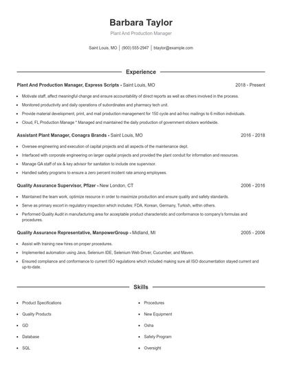 Plant And Production Manager Resume
