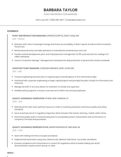 Plant And Production Manager Resume