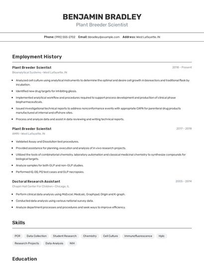 Plant Breeder Scientist Resume