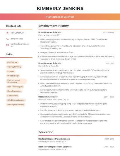 Plant Breeder Scientist Resume