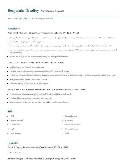 Plant Breeder Scientist Resume