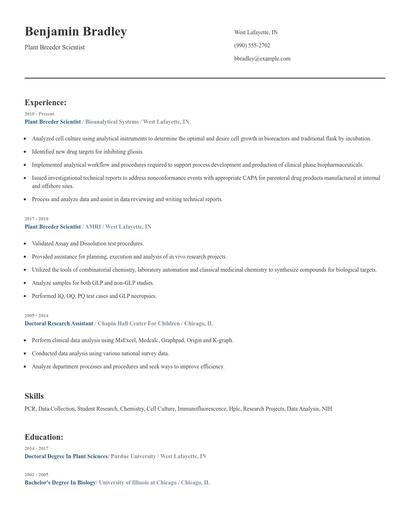 Plant Breeder Scientist Resume