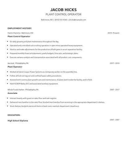 Plant Control Operator Resume