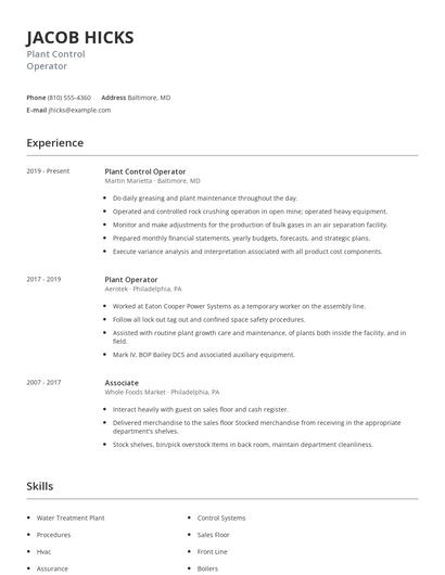 Plant Control Operator Resume