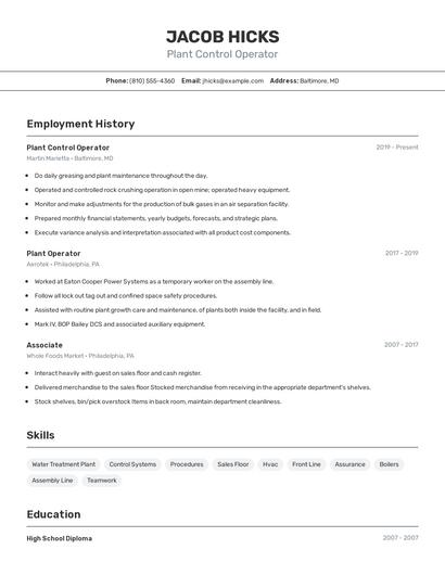 Plant Control Operator Resume