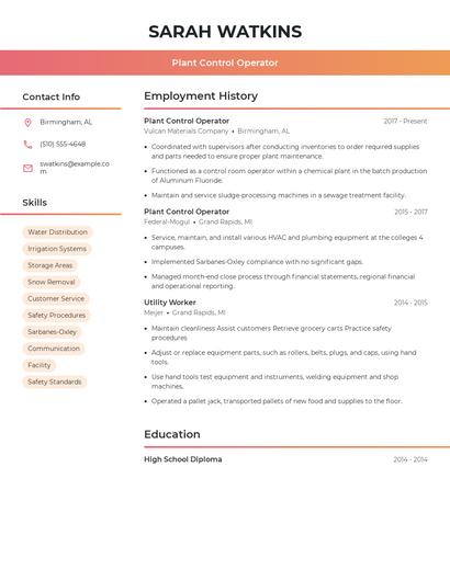 Plant Control Operator Resume