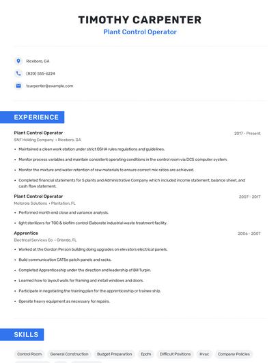 Plant Control Operator Resume