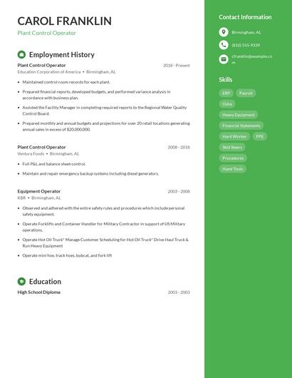 Plant Control Operator Resume