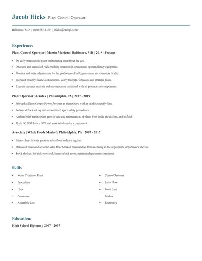 Plant Control Operator Resume