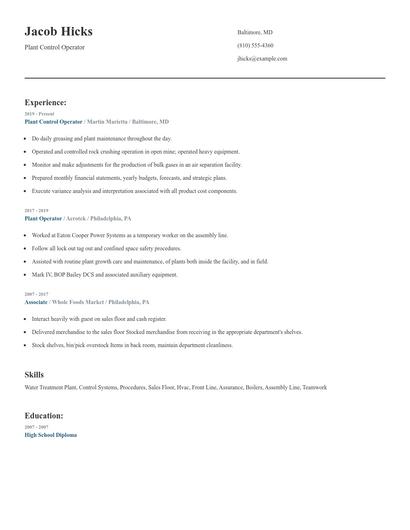 Plant Control Operator Resume