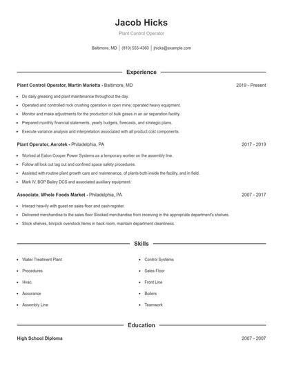 Plant Control Operator Resume